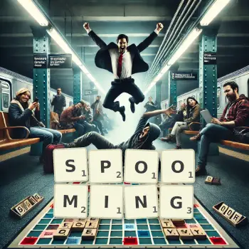 Creative illustration for a Scrabble game with the word SPOOMING spelled out in tiles on the board.