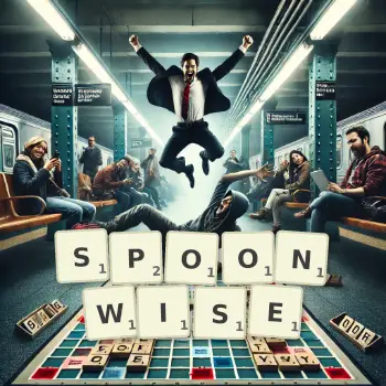 Creative illustration for a Scrabble game with the word SPOONWISE spelled out in tiles on the board.