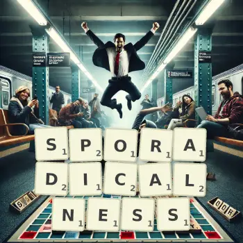 Creative illustration for a Scrabble game with the word SPORADICALNESS spelled out in tiles on the board.