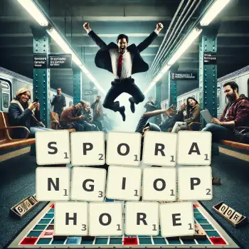 Creative illustration for a Scrabble game with the word SPORANGIOPHORE spelled out in tiles on the board.