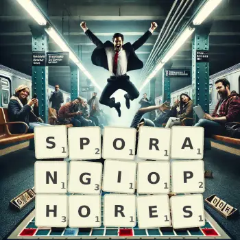 Creative illustration for a Scrabble game with the word SPORANGIOPHORES spelled out in tiles on the board.