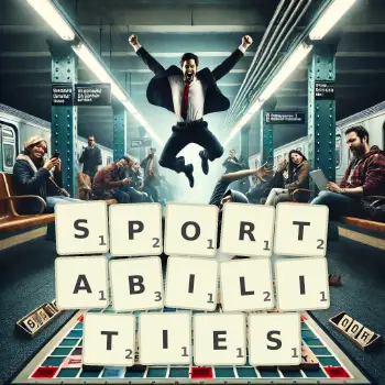 Creative illustration for a Scrabble game with the word SPORTABILITIES spelled out in tiles on the board.