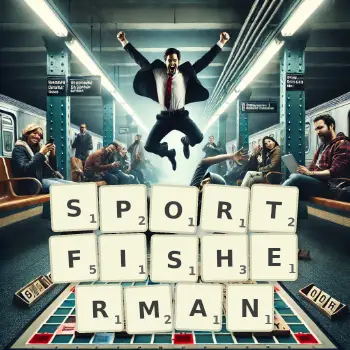 Creative illustration for a Scrabble game with the word SPORTFISHERMAN spelled out in tiles on the board.