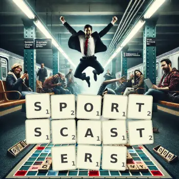 Creative illustration for a Scrabble game with the word SPORTSCASTERS spelled out in tiles on the board.