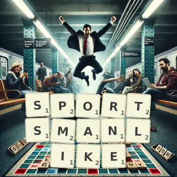 Creative illustration for a Scrabble game with the word SPORTSMANLIKE spelled out in tiles on the board.