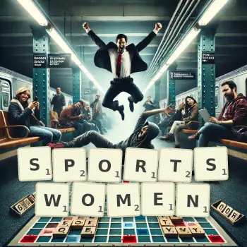 Creative illustration for a Scrabble game with the word SPORTSWOMEN spelled out in tiles on the board.