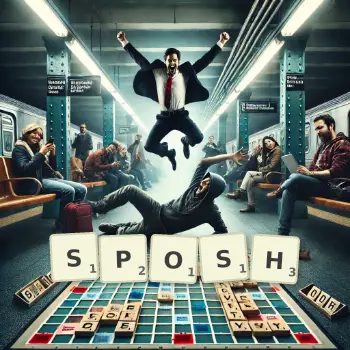 Creative illustration for a Scrabble game with the word SPOSH spelled out in tiles on the board.