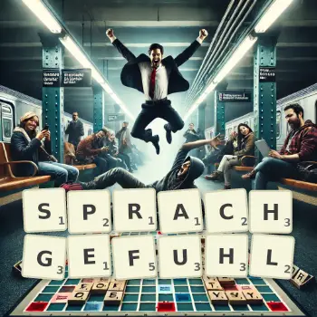 Creative illustration for a Scrabble game with the word SPRACHGEFUHL spelled out in tiles on the board.