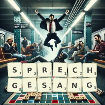 Creative illustration for a Scrabble game with the word SPRECHGESANG spelled out in tiles on the board.