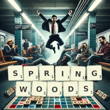 Creative illustration for a Scrabble game with the word SPRINGWOODS spelled out in tiles on the board.