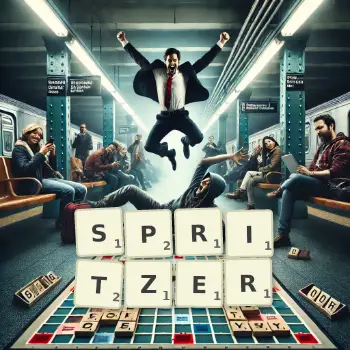 Creative illustration for a Scrabble game with the word SPRITZER spelled out in tiles on the board.