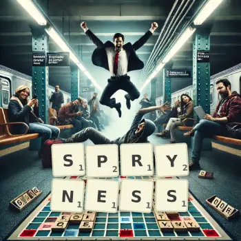 Creative illustration for a Scrabble game with the word SPRYNESS spelled out in tiles on the board.