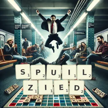 Creative illustration for a Scrabble game with the word SPUILZIED spelled out in tiles on the board.