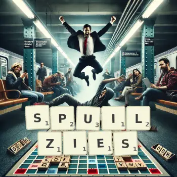 Creative illustration for a Scrabble game with the word SPUILZIES spelled out in tiles on the board.