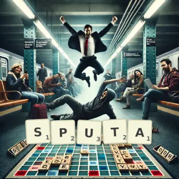 Creative illustration for a Scrabble game with the word SPUTA spelled out in tiles on the board.