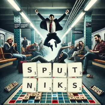 Creative illustration for a Scrabble game with the word SPUTNIKS spelled out in tiles on the board.