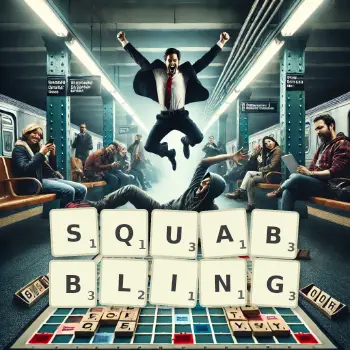 Creative illustration for a Scrabble game with the word SQUABBLING spelled out in tiles on the board.