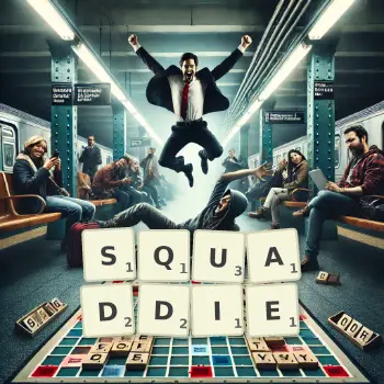 Creative illustration for a Scrabble game with the word SQUADDIE spelled out in tiles on the board.