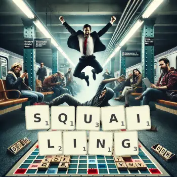 Creative illustration for a Scrabble game with the word SQUAILING spelled out in tiles on the board.