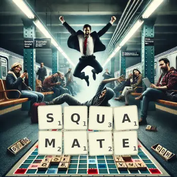 Creative illustration for a Scrabble game with the word SQUAMATE spelled out in tiles on the board.