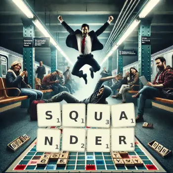 Creative illustration for a Scrabble game with the word SQUANDER spelled out in tiles on the board.