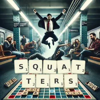 Creative illustration for a Scrabble game with the word SQUATTERS spelled out in tiles on the board.