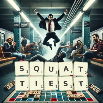 Creative illustration for a Scrabble game with the word SQUATTIEST spelled out in tiles on the board.