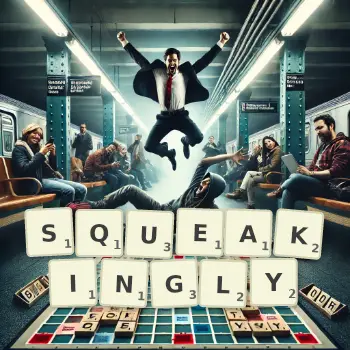 Creative illustration for a Scrabble game with the word SQUEAKINGLY spelled out in tiles on the board.