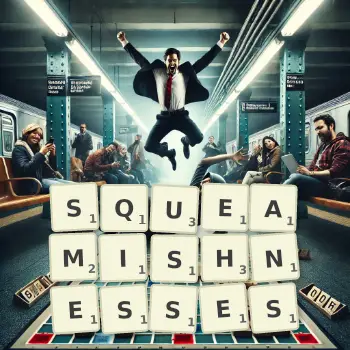 Creative illustration for a Scrabble game with the word SQUEAMISHNESSES spelled out in tiles on the board.