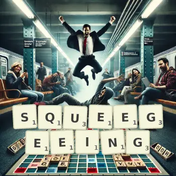 Creative illustration for a Scrabble game with the word SQUEEGEEING spelled out in tiles on the board.