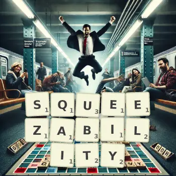 Creative illustration for a Scrabble game with the word SQUEEZABILITY spelled out in tiles on the board.
