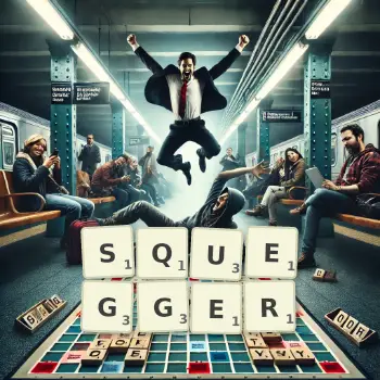 Creative illustration for a Scrabble game with the word SQUEGGER spelled out in tiles on the board.