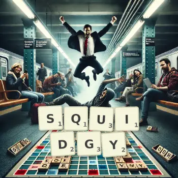 Creative illustration for a Scrabble game with the word SQUIDGY spelled out in tiles on the board.