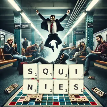 Creative illustration for a Scrabble game with the word SQUINIES spelled out in tiles on the board.