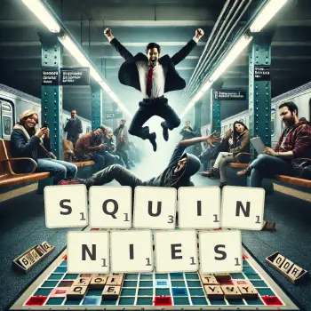 Creative illustration for a Scrabble game with the word SQUINNIES spelled out in tiles on the board.