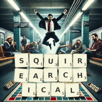 Creative illustration for a Scrabble game with the word SQUIREARCHICAL spelled out in tiles on the board.