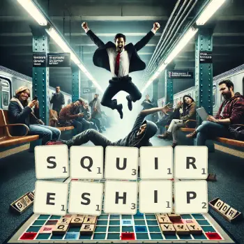 Creative illustration for a Scrabble game with the word SQUIRESHIP spelled out in tiles on the board.