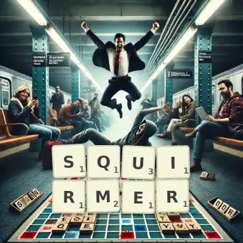 Creative illustration for a Scrabble game with the word SQUIRMER spelled out in tiles on the board.
