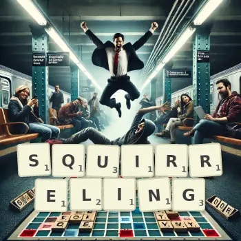 Creative illustration for a Scrabble game with the word SQUIRRELING spelled out in tiles on the board.