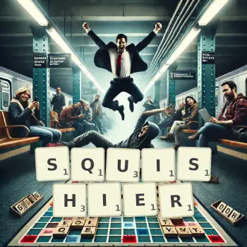 Creative illustration for a Scrabble game with the word SQUISHIER spelled out in tiles on the board.