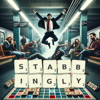 Creative illustration for a Scrabble game with the word STABBINGLY spelled out in tiles on the board.