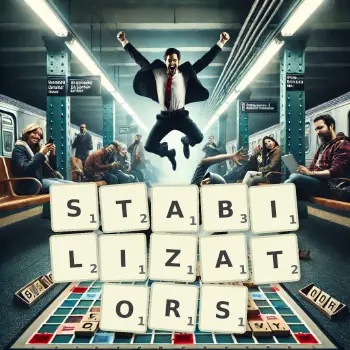 Creative illustration for a Scrabble game with the word STABILIZATORS spelled out in tiles on the board.