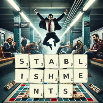Creative illustration for a Scrabble game with the word STABLISHMENTS spelled out in tiles on the board.