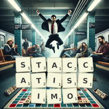Creative illustration for a Scrabble game with the word STACCATISSIMO spelled out in tiles on the board.