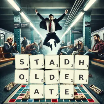 Creative illustration for a Scrabble game with the word STADHOLDERATE spelled out in tiles on the board.
