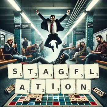 Creative illustration for a Scrabble game with the word STAGFLATION spelled out in tiles on the board.