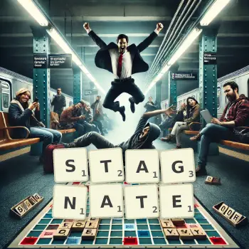 Creative illustration for a Scrabble game with the word STAGNATE spelled out in tiles on the board.