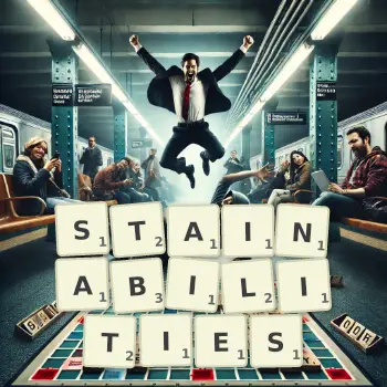Creative illustration for a Scrabble game with the word STAINABILITIES spelled out in tiles on the board.
