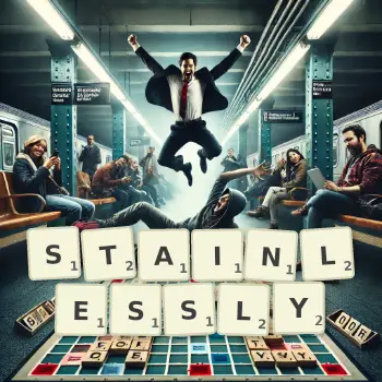 Creative illustration for a Scrabble game with the word STAINLESSLY spelled out in tiles on the board.