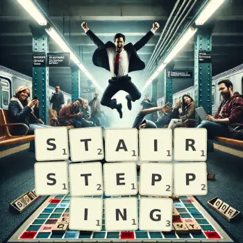 Creative illustration for a Scrabble game with the word STAIRSTEPPING spelled out in tiles on the board.